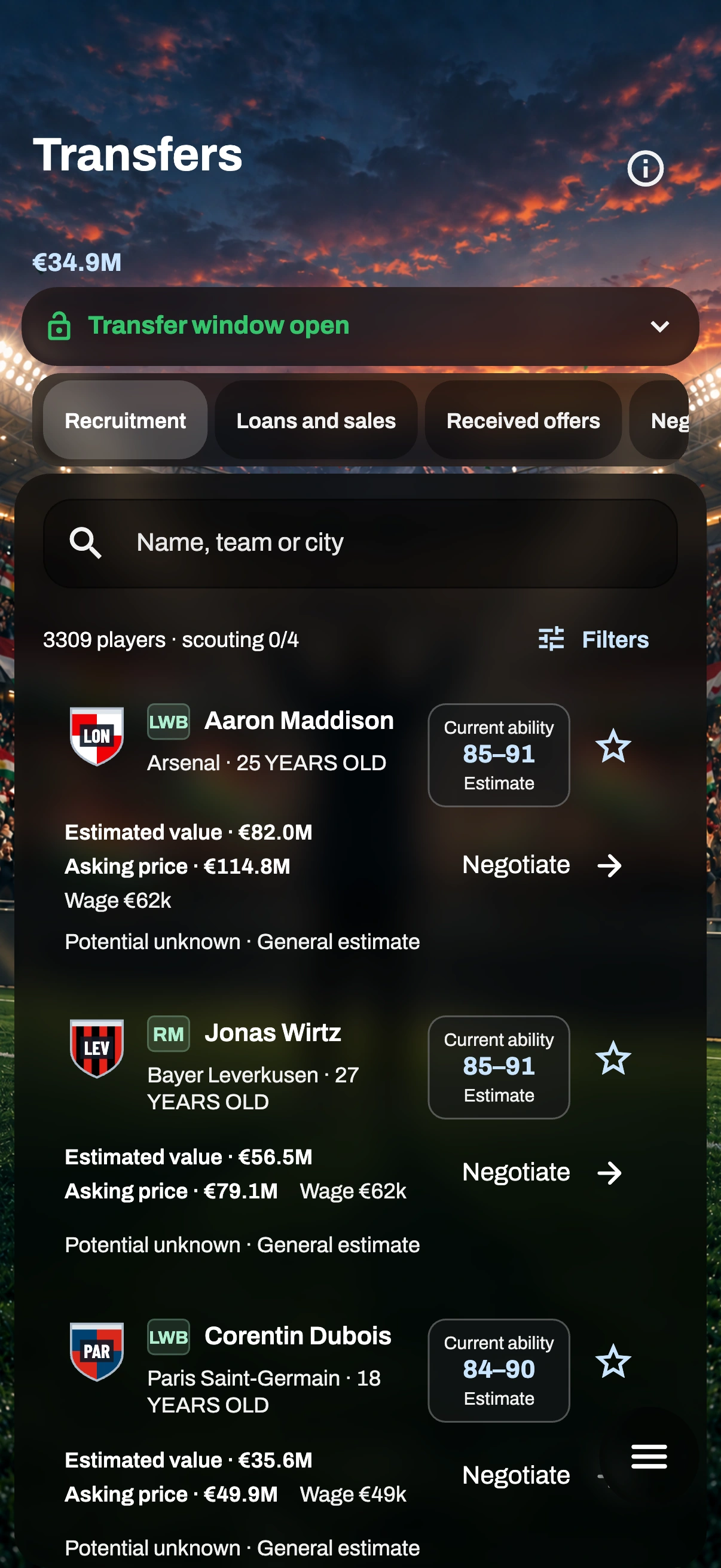 Game preview — Scouting & transfers